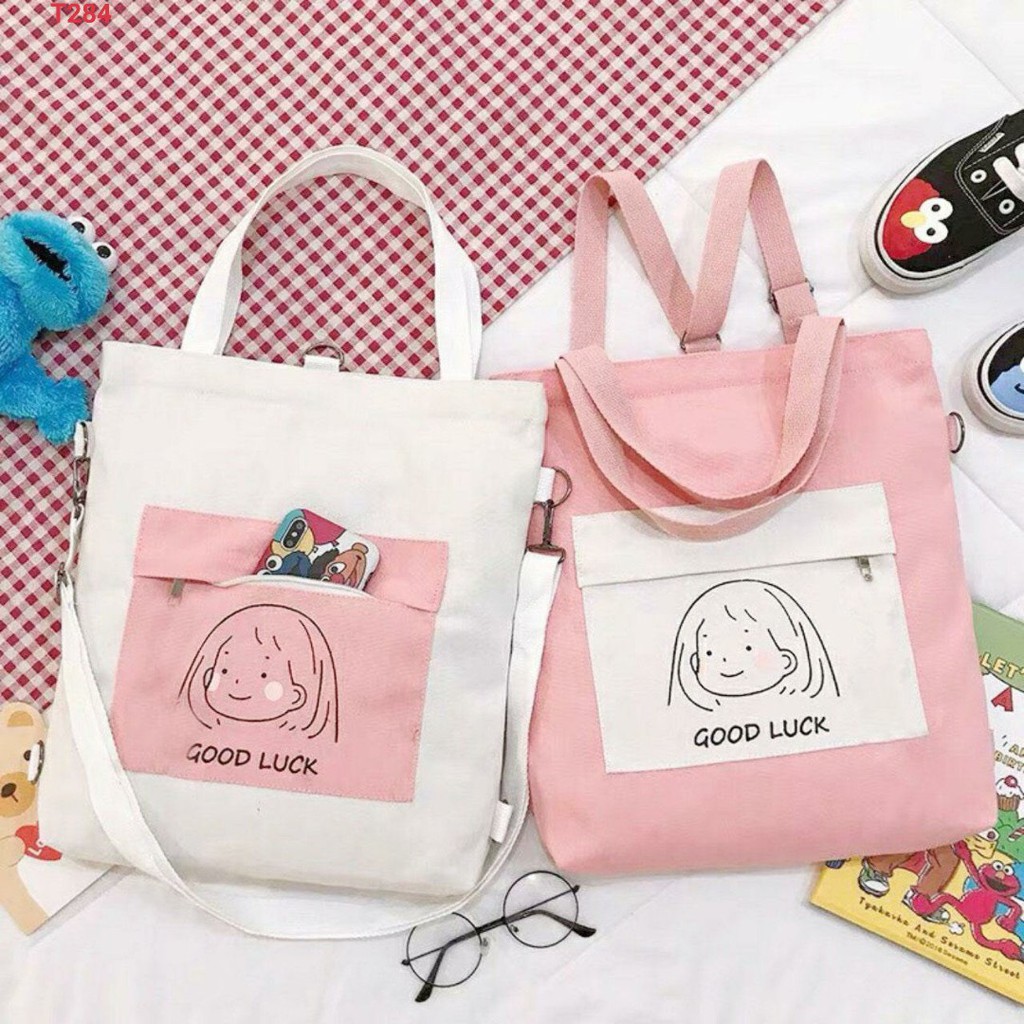 (SỈ IB) Túi tote vải kaki hình cô gái vừa đeo vai vừa làm balo (nhiều màu)