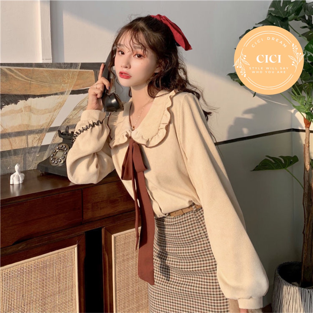 Áo sơ mi nữ trắng dài tay đính nơ cổ đứng babydoll bo chun, Áo sơ mi nữ trắng dài tay bồng cổ buộc nơ siêu xinh