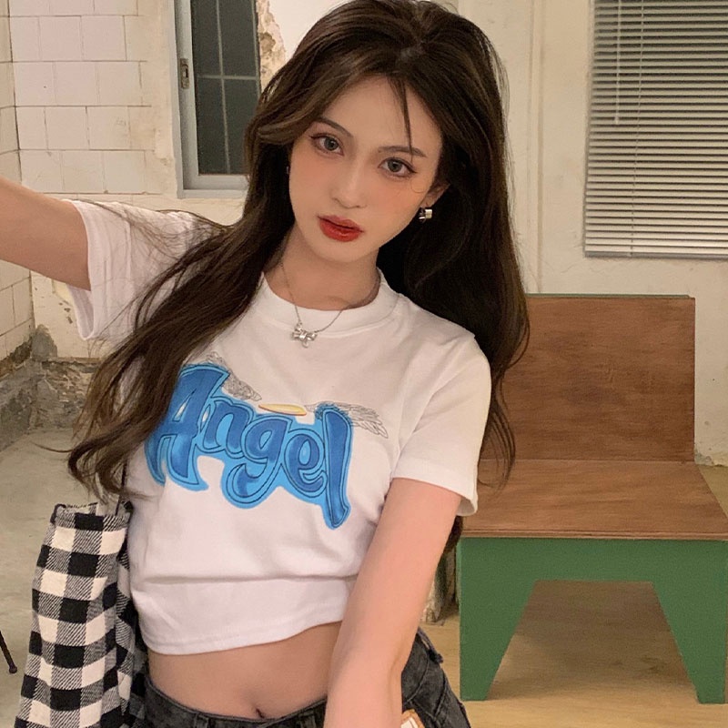 Áo thun nữ YEYA ngắn tay hở rốn in chữ đơn giản thời trang