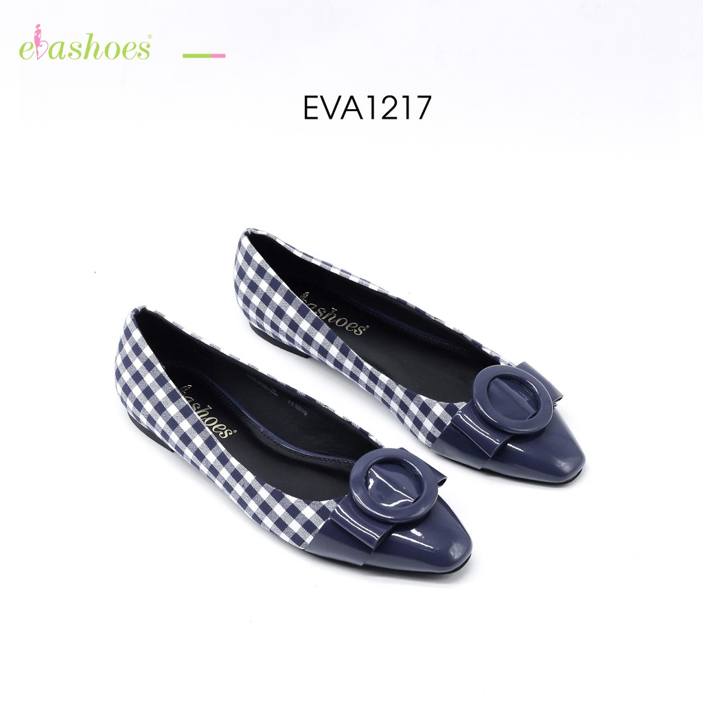 [Mã BMLTA50 giảm 10% đơn 99K] Giày Búp Bê Kẻ Caro Mũi Nhọn Phối Nơ Da Tổng Hợp Evashoes – EVA1217