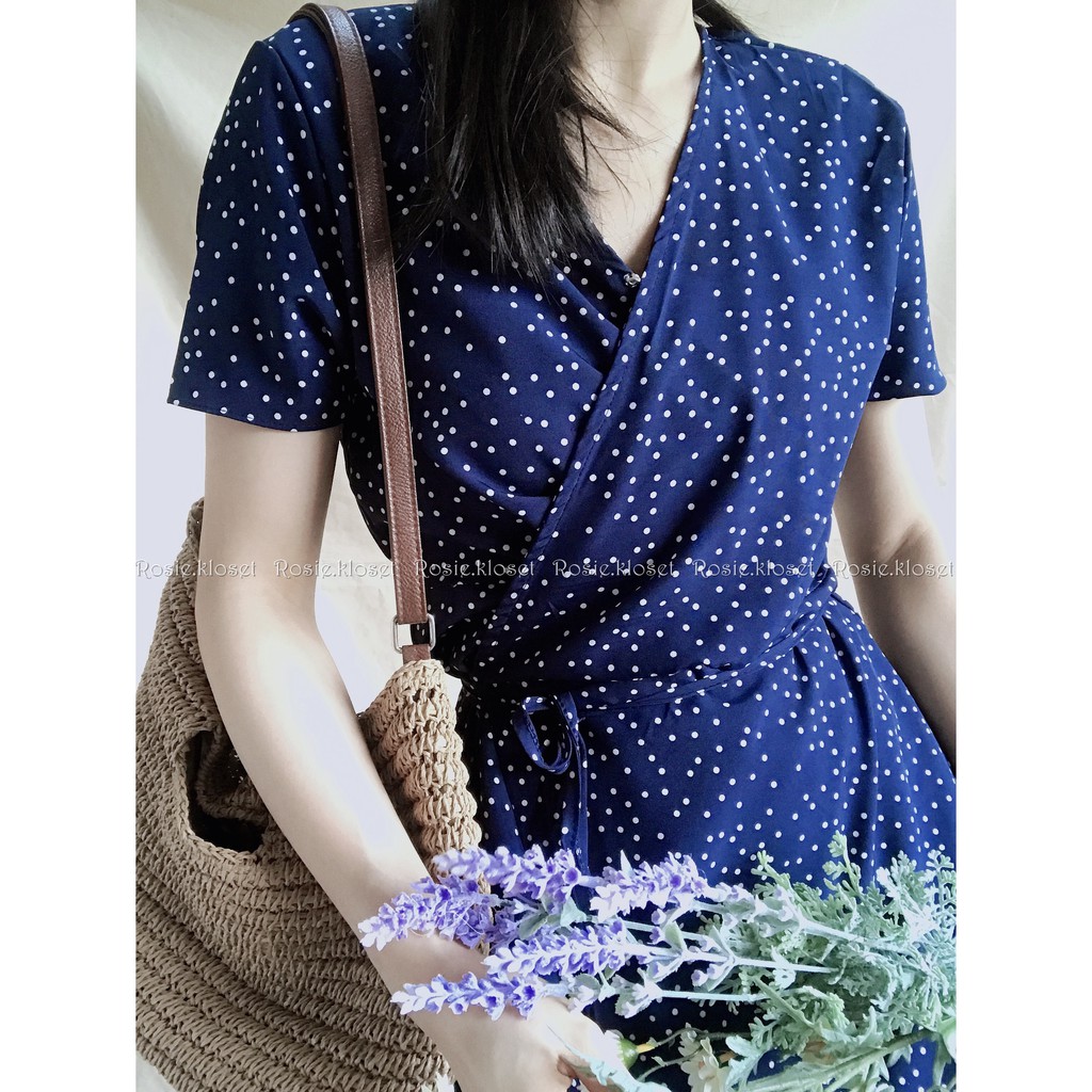 [Rosie.kloset] Váy chấm bi đắp tà chéo Wrap dress, váy midi, váy xẻ hàn quốc | ẢNH THẬT DO SHOP CHỤP |