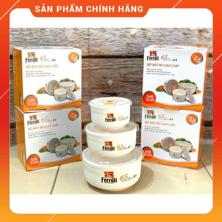 Bộ tô sứ 3 chiếc có nắp hút chân không cao cấp Ferroli