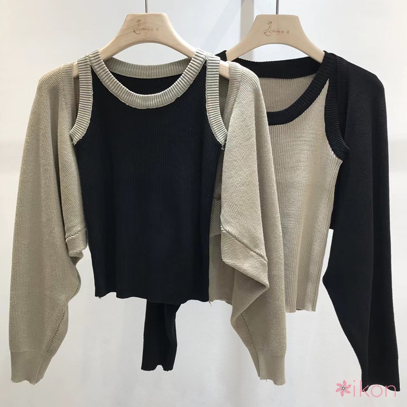 Set Áo Khoác Tay Dài + Áo Thun Maxi Màu Sắc Tương Phản Phong Cách Hàn Quốc Cho Nữ