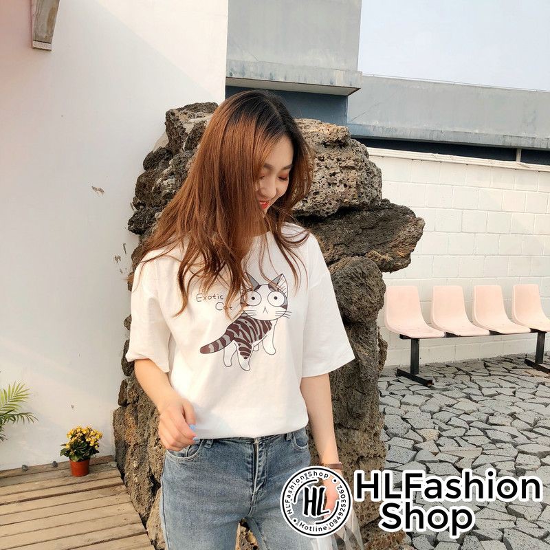 Áo thun tay lỡ form rộng Exotic Cat mèo ngây thơ, áo phông form rộng size HLFashion