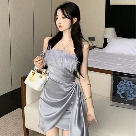 Đầm Satin Mỏng Cổ Gấp Eo Cao Gợi Cảm Mùa Hè Phong Cách Mới Kiểu Pháp Cho Nữ