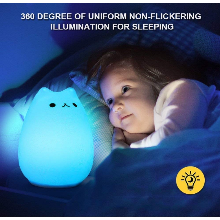 Kids Soft LED Night Light Silicone Cute Cat Carton Nursery Night Lights with Warm Lighting and 7-Color Breathing Modes