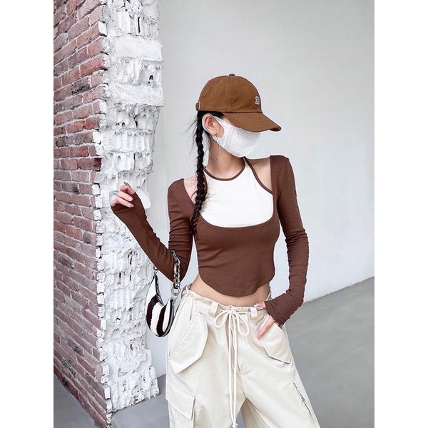 Áo Kiểu Nữ Dài Tay Vạt Bầu Áo Thun Nữ Hàn Quốc Phối Màu Hở Vai Ôm Body Sexy - 25 Store