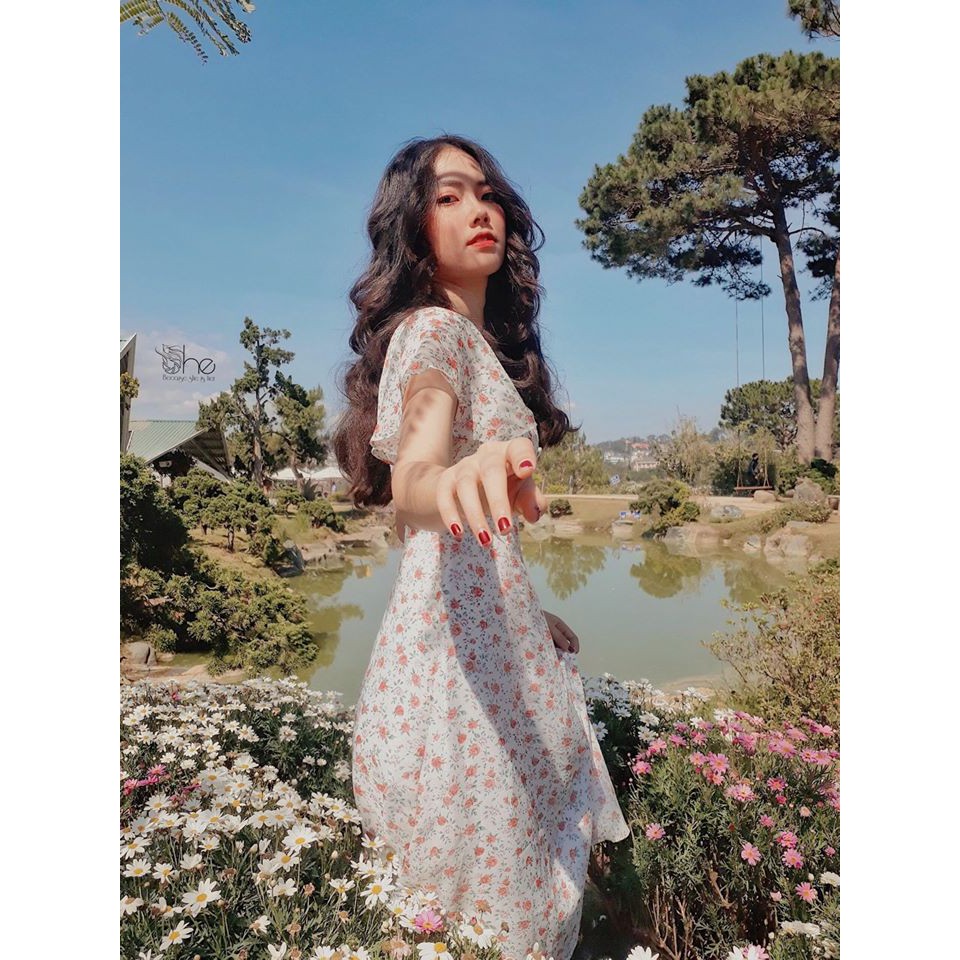 Váy hoa nhí voan bánh bèo xinh She, đầm nữ tiểu thư chữ A dài thiết kế SDX77