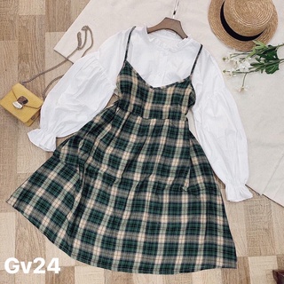 Set áo sơ mi và đầm yếm kẻ , Freesize