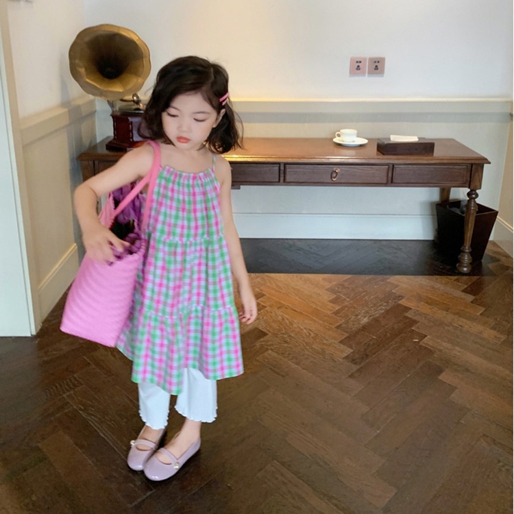 Đầm Hai Dây Đi Biển Họa Tiết Caro Phong Cách Hàn Quốc Thời Trang Mùa Hè Cho Bé Gái