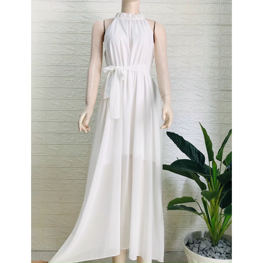 ĐẦM MAXI SUÔNG CỔ YẾM THẮT DÂY EO Chất: chiffon lót thun  Màu: đen, trắng, tím Kiểu dáng: đầm suông dài form rộng, cổ yế