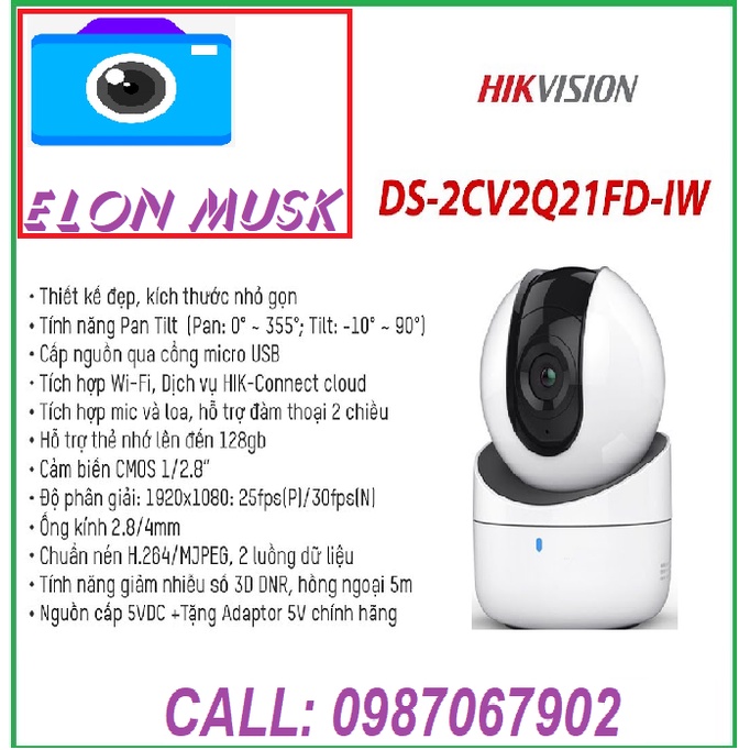 Camera IP Wifi Trong Nhà 2M HIKVISION Q21 ( Q1 ) 1080P - Model DS- 2CV2Q21EFD-IW - Chính hãng BH24TH