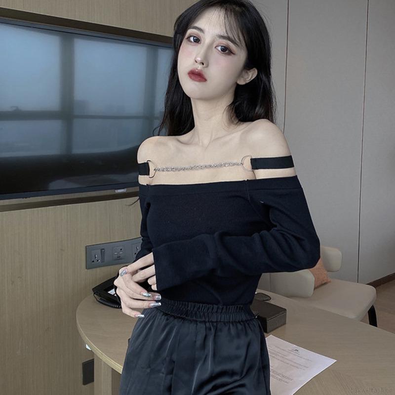 [Baywellfashion]Áo Thun Croptop Tay Dài Thiết Kế Lệch Vai Quyến Rũ Cho Nữ