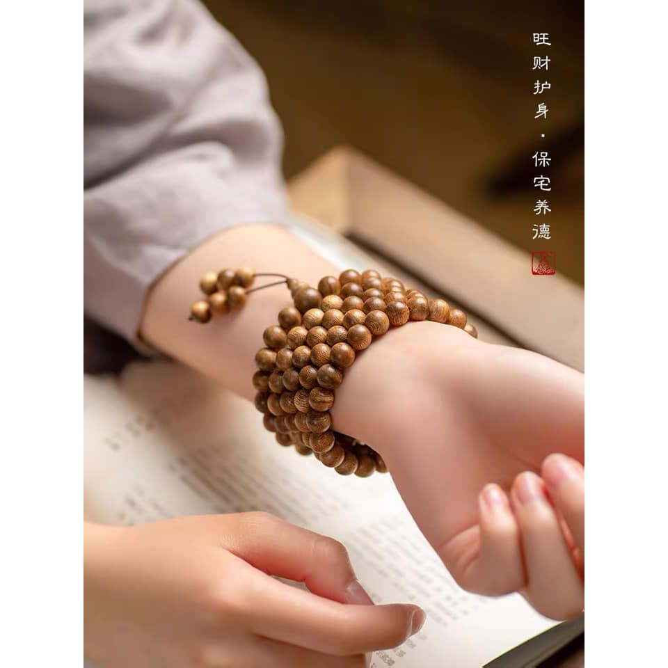 Vòng Tay Trầm Hương Chuỗi Tràng 108 Hạt chạy bằng máy công nghệ cao chuẩn từng viên Full Hộp [Trầm Hương Búp Sen]