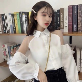 Áo sơ mi trắng tay dài thiết kế khâu lưới nối tay dài cổ áo polo ulzzang