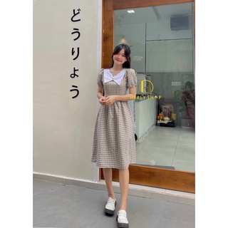 ĐẦM MIDI PHỐI CỔ ĐÍNH NÚT NHÚNG VÁY