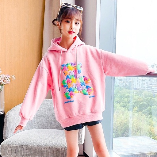 Áo hoodie Unisex trẻ em Con Xinh hình in Gấu lắp ghép,áo nỉ chui đầu thu đông dành cho bé từ 4 đến 10 tuổi