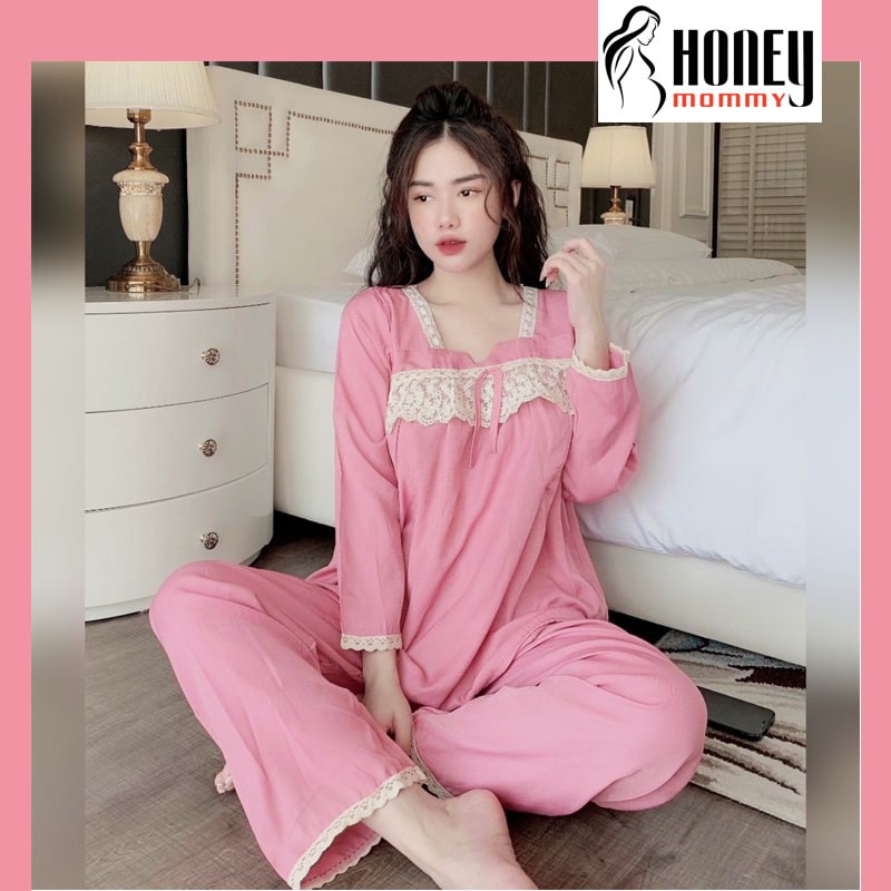 Bộ Bầu Và Sau Sinh Cho Con Bú Dài Tay Chất Cổ Phối Ren Chất Đũi Lạnh HT4615 Honey Mommy