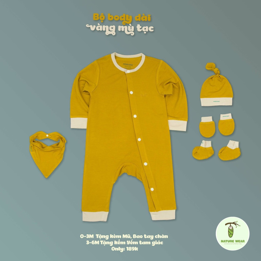 Bộ body dài tay cài chéo  sơ sinh nature wear chính hãng  tặng kèm phụ kiện mũ,bao tay chân và yếm