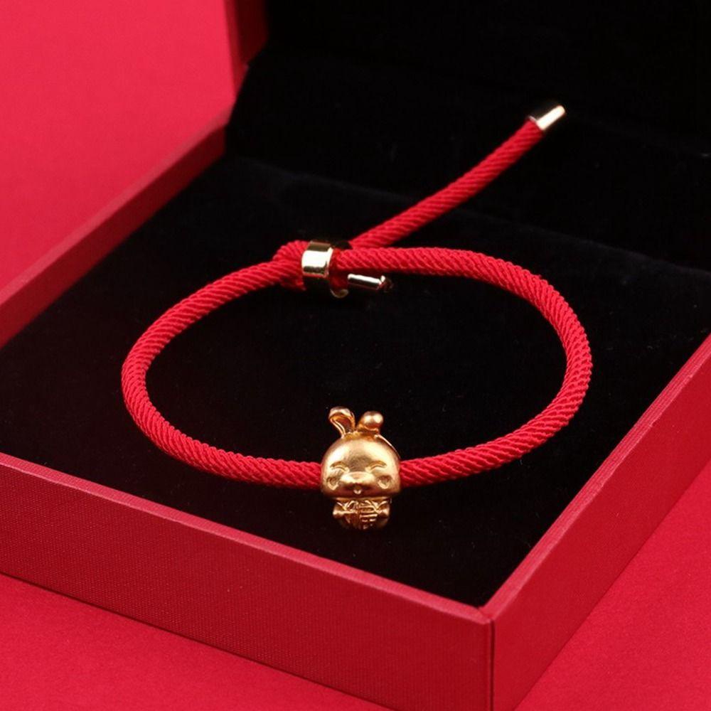 FORBETTER Vòng Tay Chuỗi Hạt Màu Đỏ May Mắn Hình Thỏ Hoàng Đạo Điều Chỉnh Được Thời Trang Cho Nam