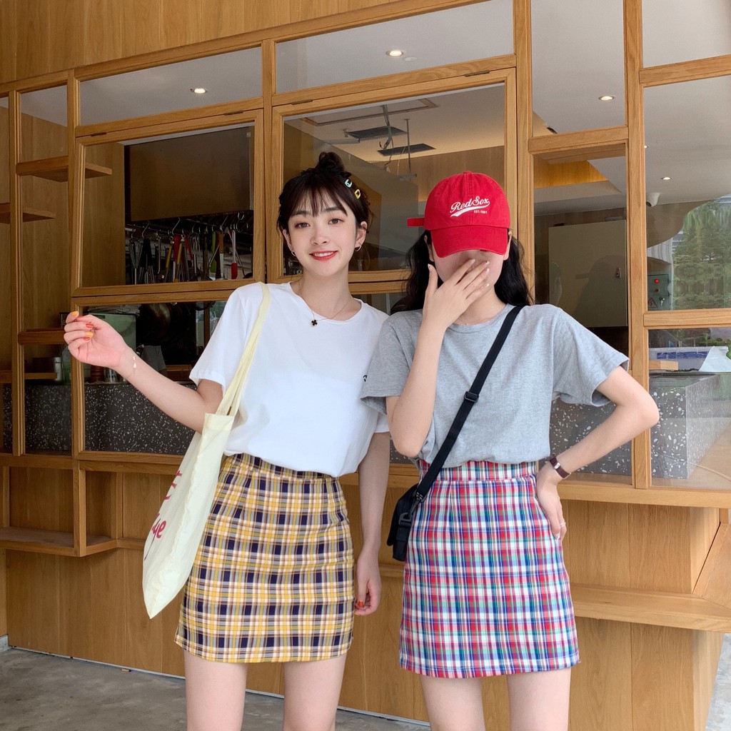 Chân Váy XIAOZHAINV Lưng Cao Họa Tiết Sọc Ca Rô Phong Cách Retro Trẻ Trung Thời Trang | BigBuy360 - bigbuy360.vn