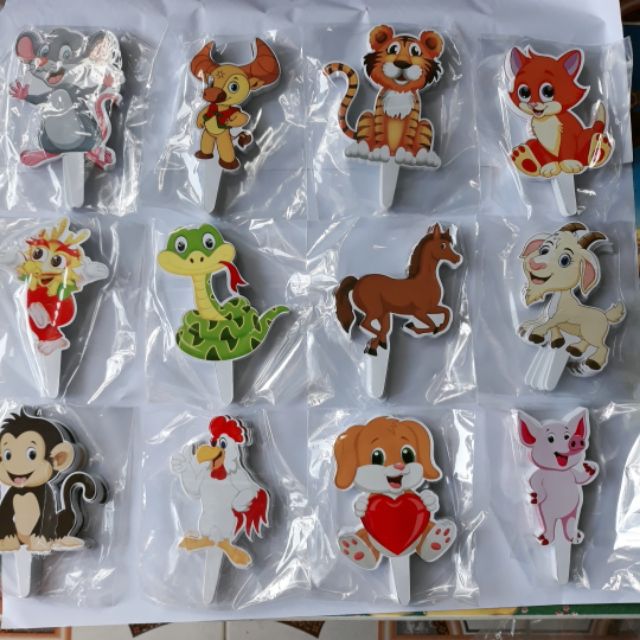 Bộ 240 thẻ cắm 12 con giáp trang trí bánh kem, set cắm 12 con giáp toppercake