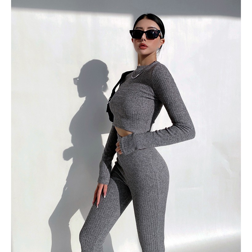 Bộ Đồ Thể Thao Áo Thun Tay Dài + Quần Dài Lưng Cao Ống Loe Thời Trang Cho Nữ