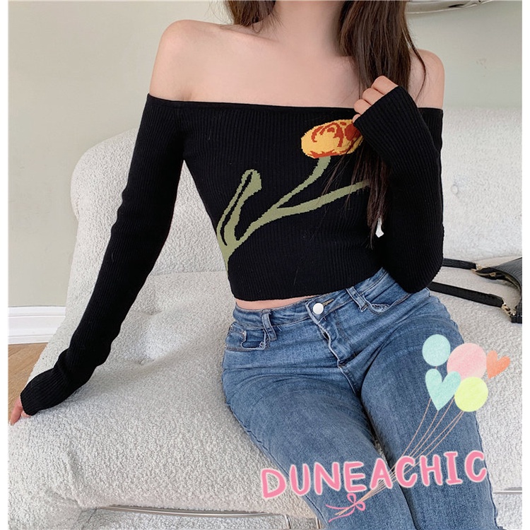 DUNEA Áo Croptop Dệt Kim Tay Dài Trễ Vai Thiết Kế Quyến Rũ Cho Nữ