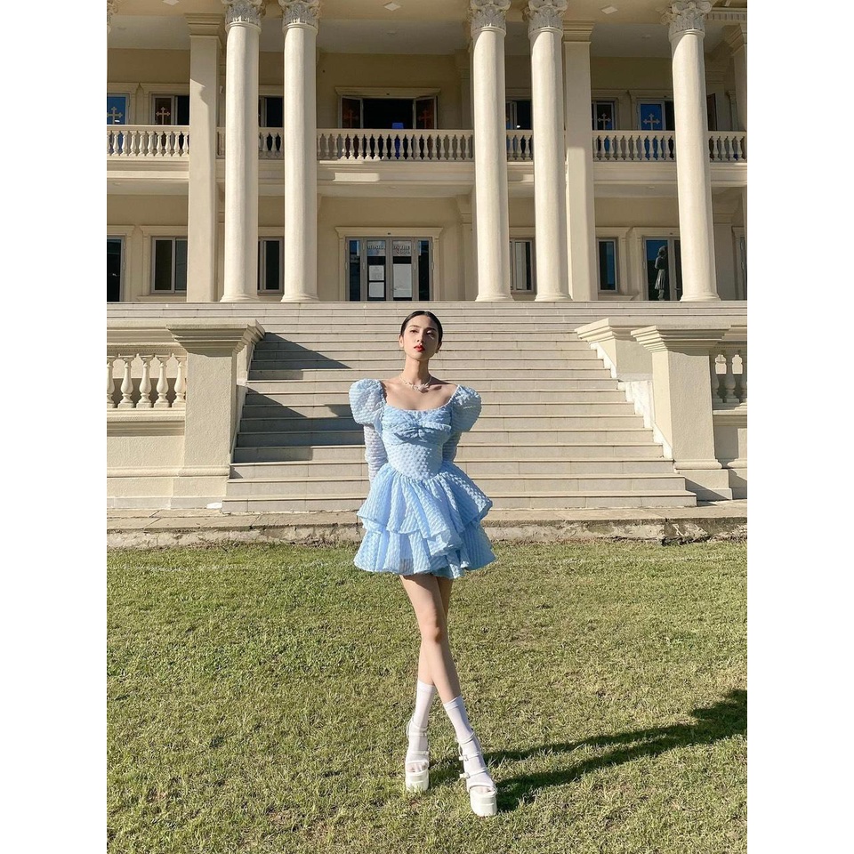 Đầm Tay Phồng Phong Cách Tiểu Thư Thiết Kế Dáng Ngắn 2 Tầng Cổ Vuông Hở Lưng Màu Xanh Trắng | ROSE CLOTHING D0636