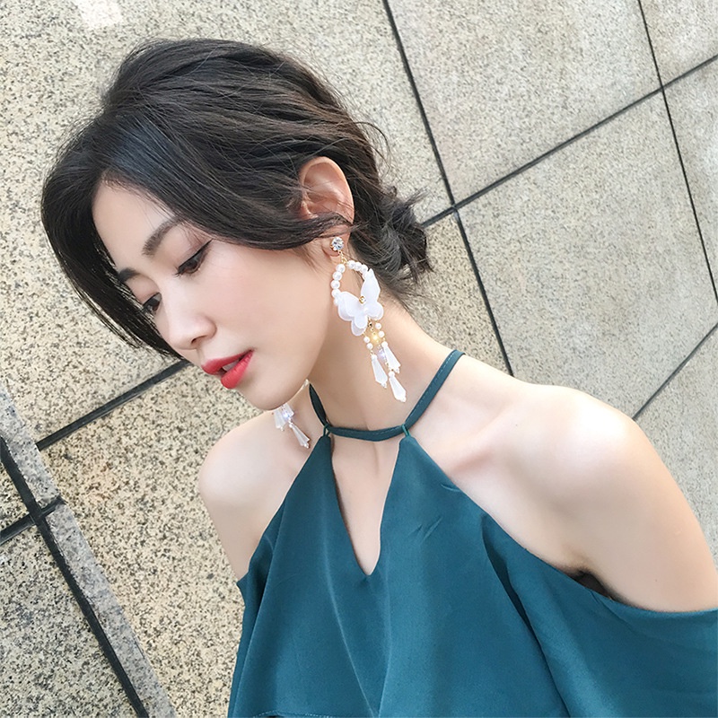 Khuyên Tai Dáng Dài Phối Tua Rua Hình Bướm Phong Cách Hàn Quốc Thời Trang Cho Nữ