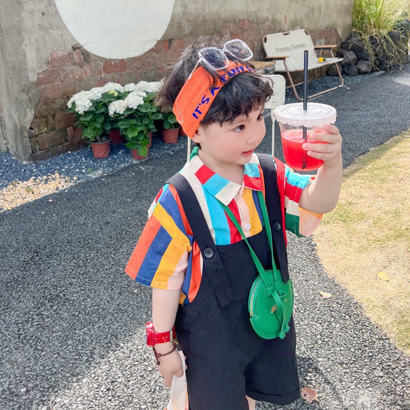 Bộ Áo Sơ Mi Cotton Tay Ngắn + Quần Short Kẻ Sọc Màu Sắc Cầu Vồng Phong Cách Hàn Quốc Thời Trang Mùa Hè Cho Bé Trai