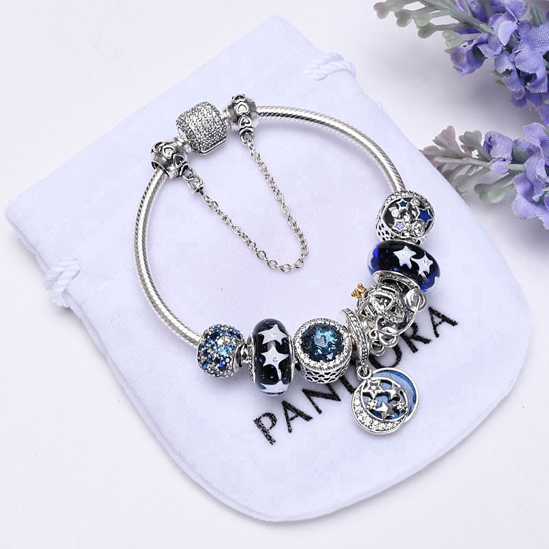 Vòng tay Pandora đính hạt màu xanh dương phối mặt hình trái tim Lin Xin like 925 2021 thời trang cho nữ