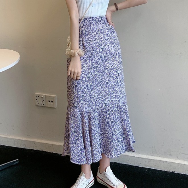 Đầm nữ dài đuôi cá lưng cao 2021, Chân váy midi nữ tiểu thư hoa nhí màu tím, cherry thời trang du lịch công sở hàn quốc