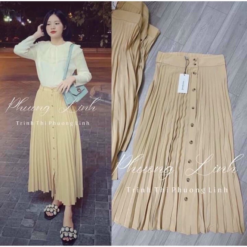 Chân váy be xếp ly  dáng dài phối cúc đen | BigBuy360 - bigbuy360.vn