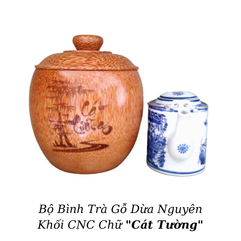 Bộ Bình Trà Gỗ Dừa Không Chân Hoa Văn "Chữ Nhẫn"; "Chữ Gia Đình"; "Chữ Cát Tường", "Chữ Tài Lộc" - Bình Trà 400 - 500ml