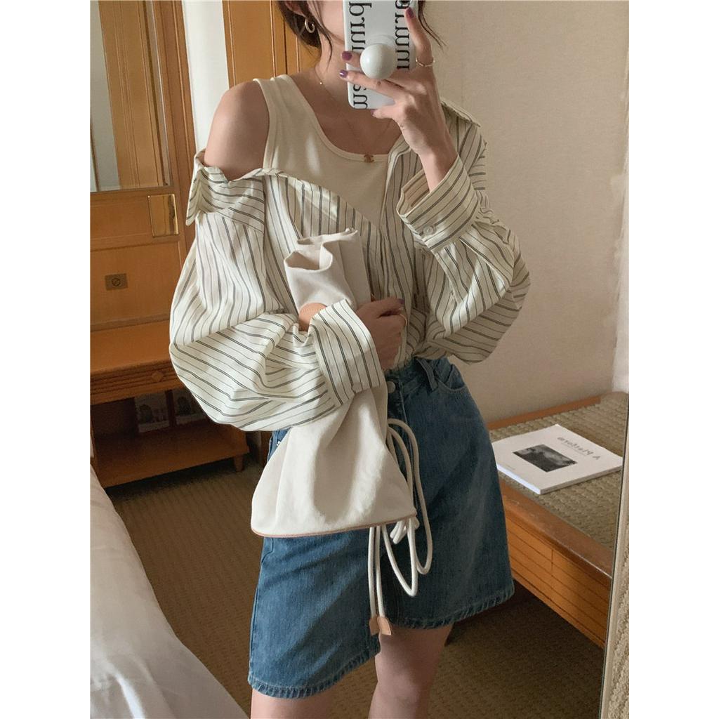 Áo Sơ Mi Kẻ Sọc Dài Tay Phối Lớp Ngoài Phong Cách Hàn Quốc 54450