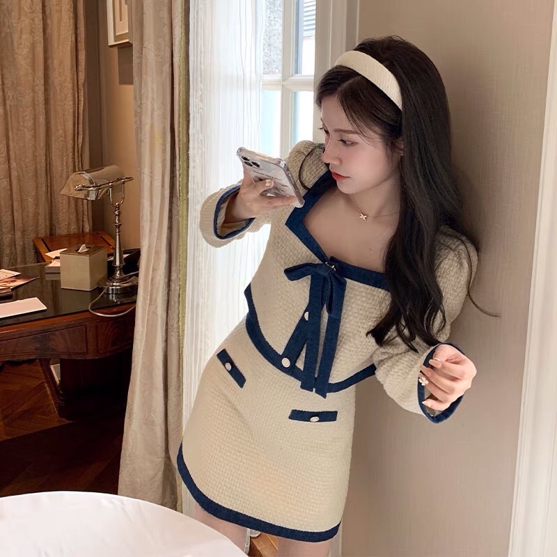Set áo croptop cổ vuông phối nơ và chân váy chữ A tiểu thư