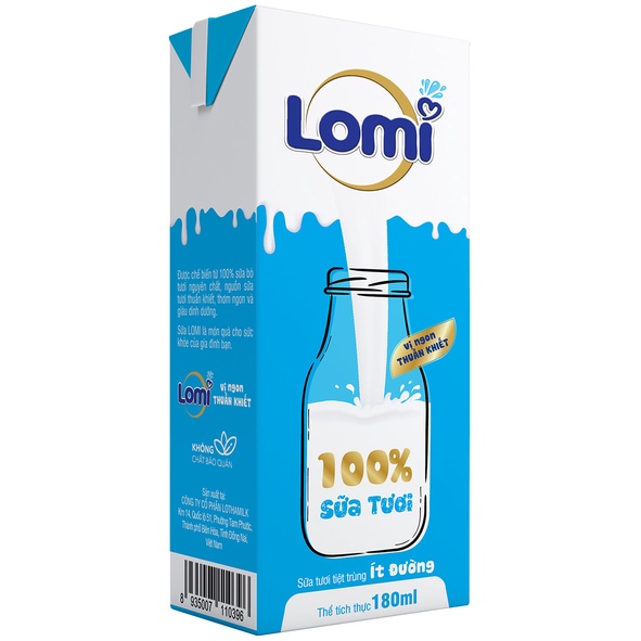 Thùng Sữa Tươi Tiệt Trùng LOMI Ít đường 180ml (48 hộp x 12 lốc)