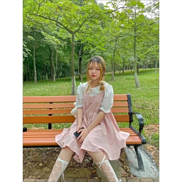 Đầm lưng cao kèm áo sơ mi cánh hoa 100% ảnh thật