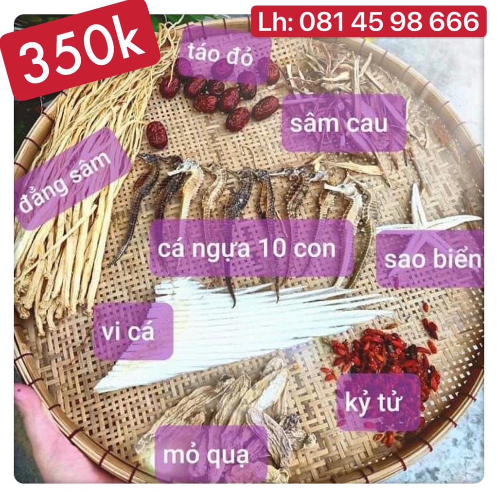 Bộ Ngâm - Riêu 8 Món: Cá ngựa. Sao biển. Táo đỏ. Đặng sâm. Sâm cau. Mỏ Quả. Kỷ Tử. VâyCa'