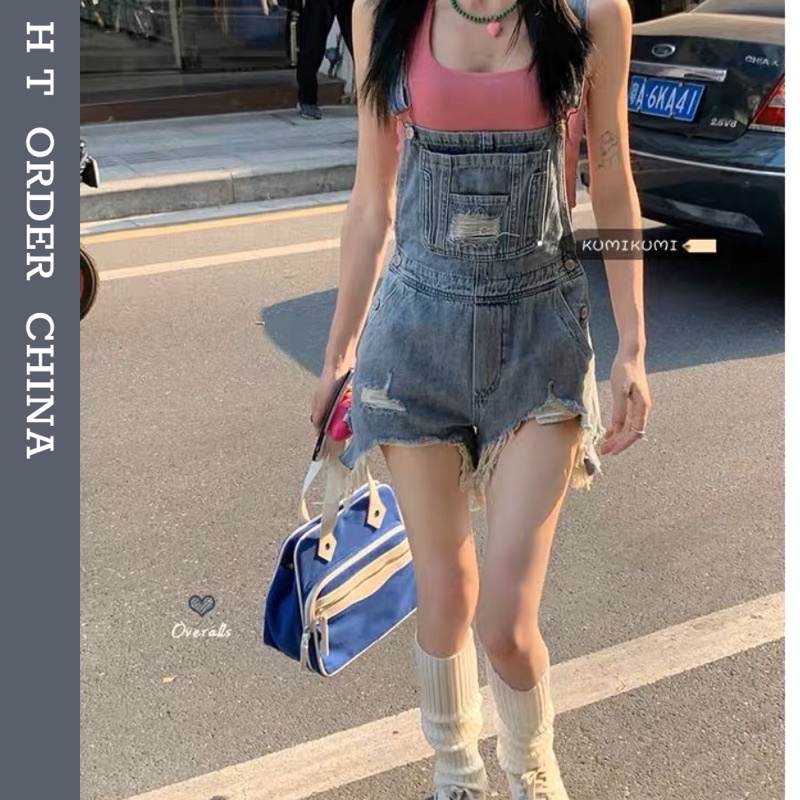 ORDER_ Quần yếm jeans ngố không gấu màu xanh năng động dành cho nữ