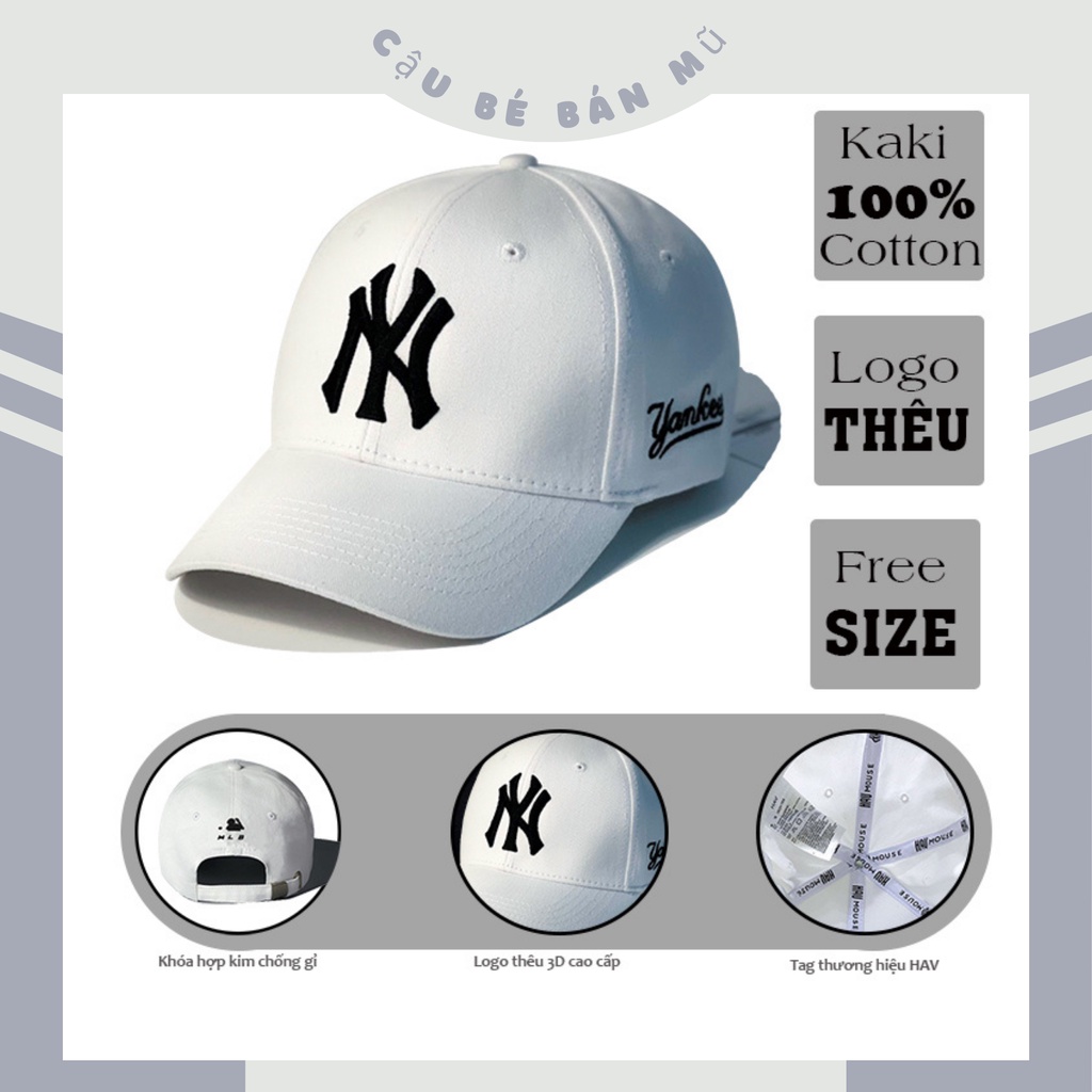 Nón kết Mũ lưỡi trai NY trắng logo đen thêu tinh tế Free Size Full hộp
