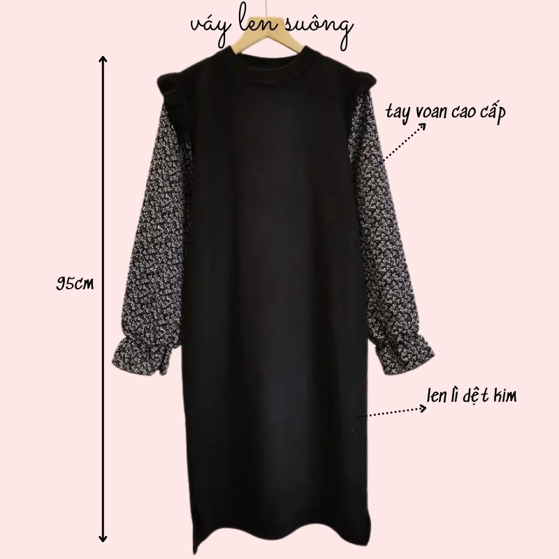Váy len suông dáng dài tay voan bồng Len dệt kim cao cấp Quảng Châu