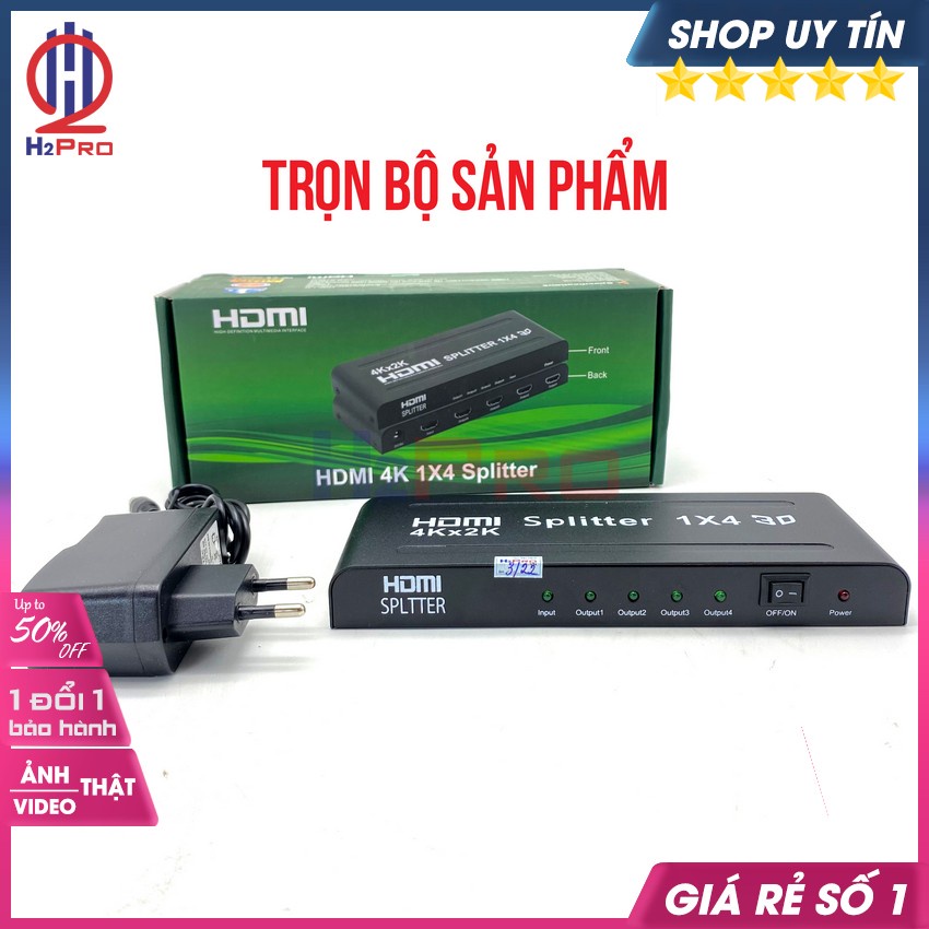 Bộ Chia HDMI Splitter 1 ra 4 H2pro cao cấp chuẩn 4K-3D-chất lượng cao chuẩn đầu vào, hàng hãng (tặng củ sạc 5V-2A 50k)
