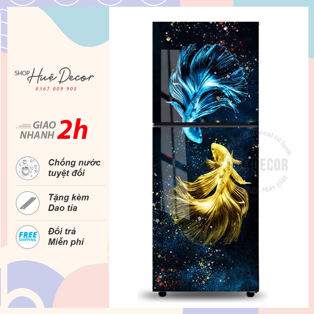 Decal tủ lạnh 3D cá Tiên thương hiệu Huedecor - phù hợp vơí mọi không gian, chống nước và ẩm mốc