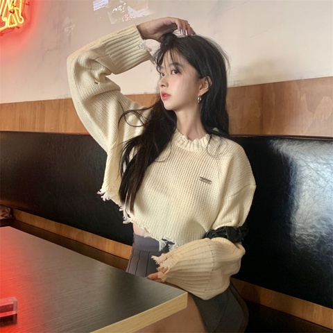 ZHELIHANGFEI Áo sơ mi dệt kim tay dài cổ cao gợi cảm - vai ngọt ngào đa năng