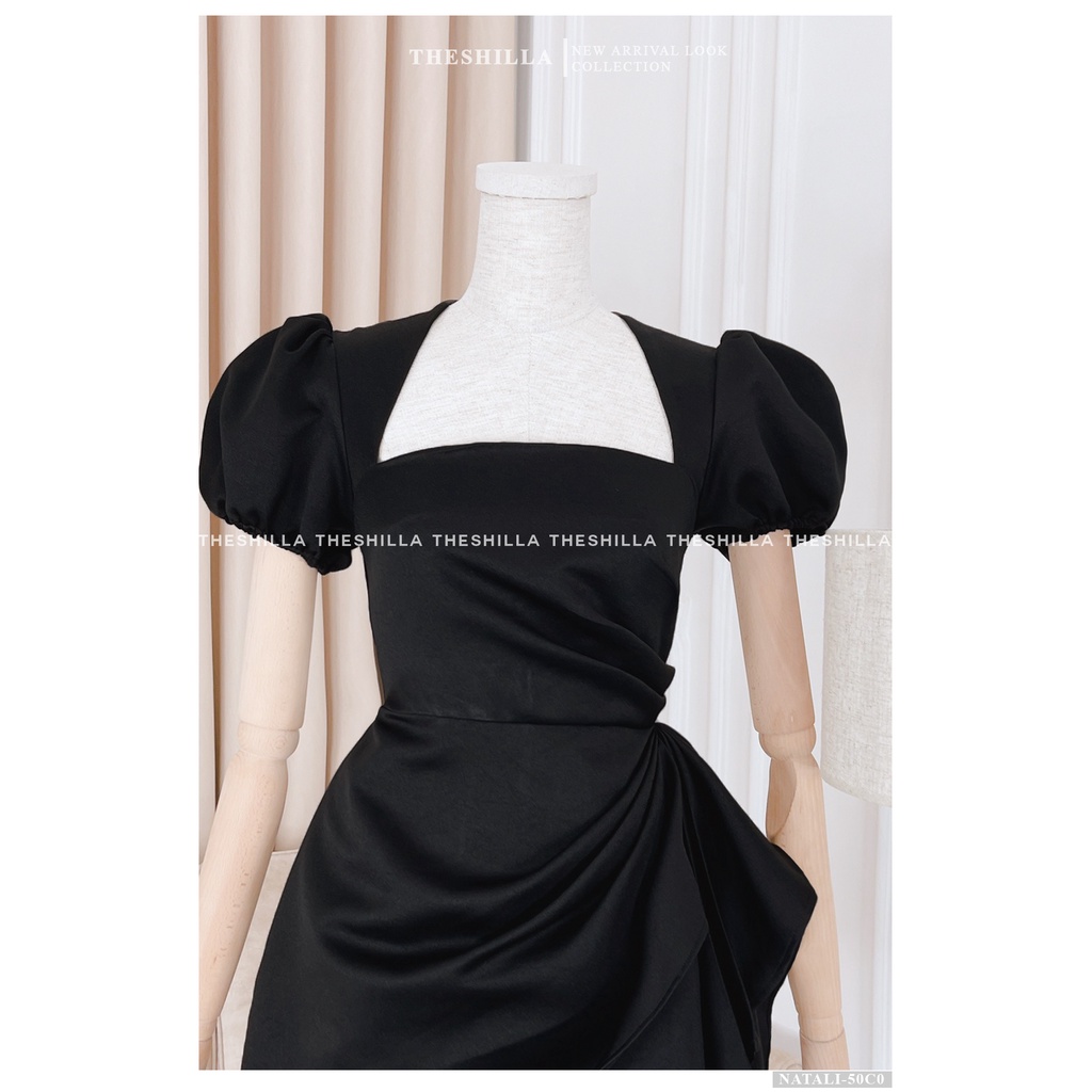 Váy thiết kế cao cấp màu đen tay phồng eo nhún bèo cổ vuông [ Có video + Ảnh thật ] The Shilla - Natali-50C0