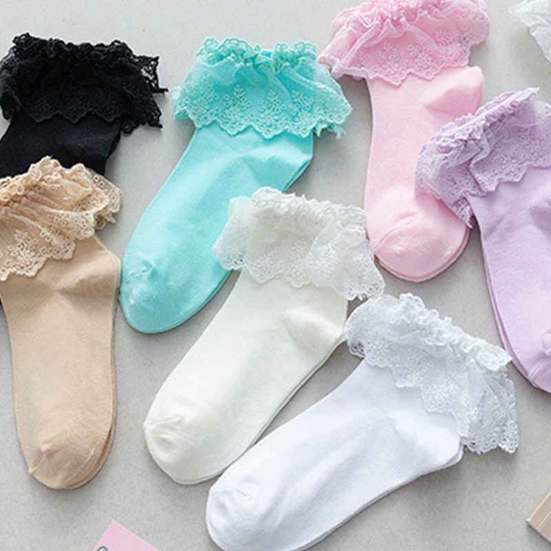 XIXI Tất Cotton Phối Ren Màu Trơn Phong Cách Lolita Thời Trang Cho Nữ