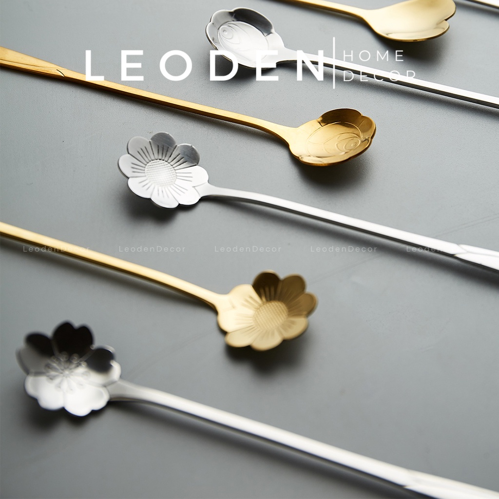 Muỗng inox cán dài hình hoa anh đào uống cafe ngũ cốc phong cách Hàn Quốc, thìa cafe cán dài – LEODEN Decor
