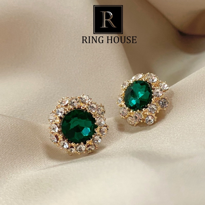 E5 Bông Tai Khuyên Tai Nữ Nụ Đá Xanh Mệnh Mộc Viền Ngọc Dự Tiệc Sang Trọng Đẹp